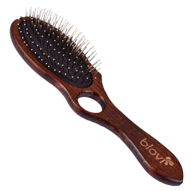 Blovi Wood Pin Brush - large wooden brush with a finger hole and a metal pin tipped with a ball